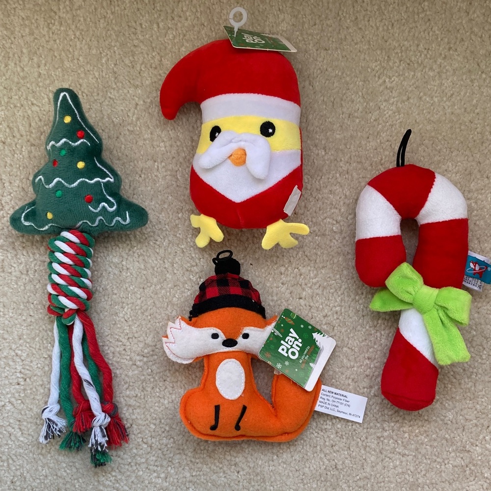 Holiday Dog Toy Set - Chick/Candy Cane/Fox/Christmas Tree - Set of 4